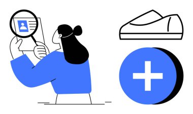 Kadın bir kimlik tutuyor ve büyüteçle inceliyor. Tıbbi ayakkabı ikonu ve mavi artı sembolü de dahil. Kimlik, sağlık, analiz, araştırma ve doğrulama için ideal