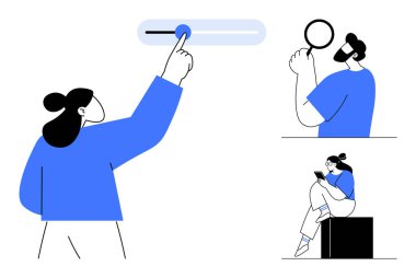 Bireyler teknolojiyle etkileşime giriyor biri sürgüleyiciyi ayarlıyor, diğeri büyüteç kullanıyor ve üçüncüsü de cep telefonunda geziniyor. Teknoloji dersleri için ideal, kullanıcı kılavuzları, uygulama tasarımı, online