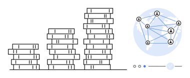 Birbirine bağlı insan simgeleriyle dolu bir kürenin yanında madeni para yığınları artıyor. Finans, ağ oluşturma, yatırım, iş, ekonomik büyüme, takım çalışması, küresel ekonomi için idealdir. Satır metaforu