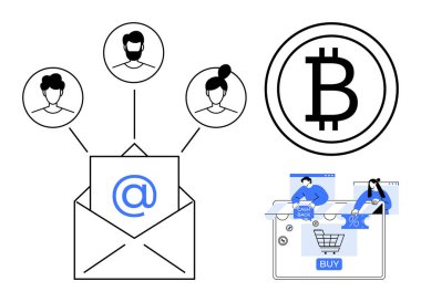 Kullanıcı simgeleri, Bitcoin sembolü ve satın alma ve nakitle e-ticaret ödeme metodu ile e-posta bağlantıları. Çevrimiçi dijital pazarlama, kripto para birimi, e-ticaret stratejileri için ideal