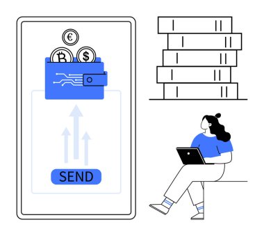 Akıllı telefon dijital cüzdanı para birimi sembolleri ile gösteriyor ve gönderme düğmesi, dizüstü bilgisayar kullanan kişi, bar çizelgesi. Finans, çevrimiçi işlemler, dijital cüzdanlar, fintech, mobil bankacılık için ideal