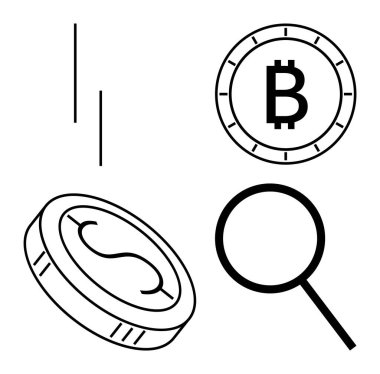 Bitcoin madeni para, bozuk paranın üzerindeki sent sembolü, büyüteç ve yükselen iki çizgi grafiği. Kripto para birimi analizi, mali teknoloji, dijital para birimi, engelleme zinciri araştırması, yatırım, piyasa