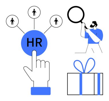 İnsan kaynakları düğmesine basmak, insanların ikonlarına bağlanmak, büyüteç tutan kişi ve hediye kutusu. İdeal İK sistemleri, askere alma, personel alma, takım ödülleri, kariyer geliştirme İK