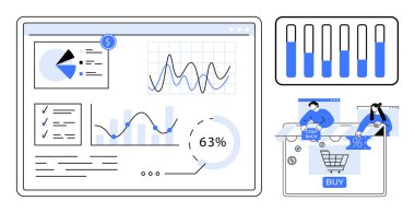 Grafikleri, grafikleri ve istatistikleri olan veri paneli. E-ticaret ekibi ölçümleri ve performansı analiz ediyor. İş analizi, e-ticaret, pazarlama, raporlama, sunum eğitimi için ideal