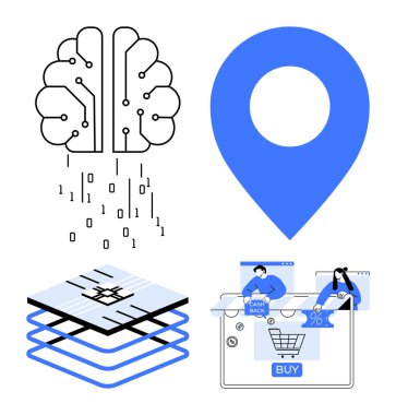 Yapay zeka işleme verileri, büyük mavi yer kodu, dijital veri depolama katmanları ve çevrimiçi alışveriş arayüzü. Teknoloji, veri bilimi, yapay zeka gelişimi, makine öğrenimi, e-ticaret için ideal