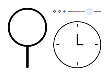 Minimalist bir saatin yanında büyüteç, dairesel ilerleme noktaları ve işaretlerle birlikte. Arama, zaman yönetimi, verimlilik, dakiklik, görev tamamlama, hedefler ve son teslim tarihleri için ideal
