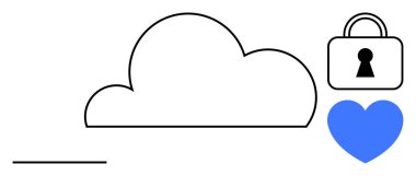 Anahtar deliği ve mavi kalbi olan bir kilidin yanındaki kara bulut çizgisi. Bulut güvenliği, veri koruması, teknoloji, şifreleme, güven, siber güvenlik ve gizlilik temaları için ideal. Satır metaforu