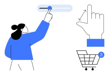 Bir sürgüyü ayarlayan, etkileşim için el hareketi yapan, üç öğe gösteren bir alışveriş arabası simgesi olan bir kişi. Kullanıcı arayüzü tasarımı, mobil uygulamalar, çevrimiçi alışveriş için ideal