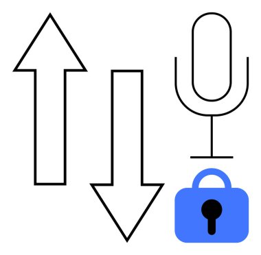 İki ok, biri yukarı ve biri aşağı, bir mikrofon ve bir asma kilidin yanında. İletişim, güvenlik, veri transferi, podcast ve mahremiyet için ideal. Basit modern biçim