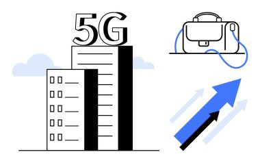 5G etiketli kentsel gökdelenler, bir evrak çantası ve büyümeyi yansıtan yukarı doğru bir ok. İş, teknoloji, iletişim, yenilik, ilerleme, ekonomik büyüme, kariyer gelişimi için idealdir. Çizgi