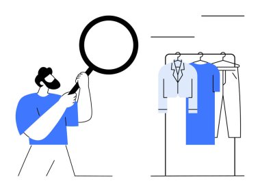 Elinde büyüteç tutan bir adam, gömlek, ceket ve pantolonlu bir elbise rafını inceliyor. Moda, perakende, kalite kontrolü, alışveriş, kıyafet seçimi denetimi ve detaylara yönelik