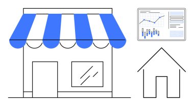 Mavi tenteli, ev hatları ve analitik gösterge paneli olan bir mağaza önü. İş, perakende, emlak, pazarlama, veri analizi, girişimcilik ve ev hizmetleri için idealdir. Satır metaforu