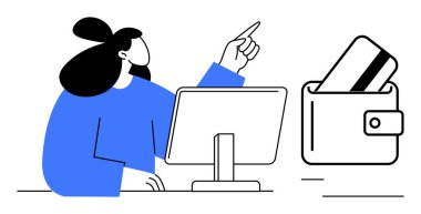 Masada oturan mavi gömlekli bir adam elinde kredi kartı olan bir cüzdanı işaret ediyor. Çevrimiçi bankacılık, e-ticaret, kişisel finans, bütçe planlaması, mali tavsiye, dijital