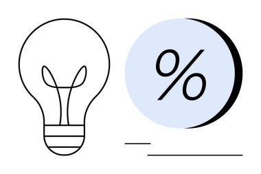 Gölgeli bir çemberdeki yüzde sembolün yanındaki ampul ana hatları. İş, finans, yenilik, teknoloji, fikir üretimi, yaratıcılık ve enerji verimliliği için idealdir. Satır metaforu