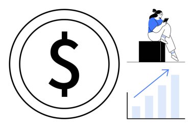 Telefon kullanarak bir blokta oturan bir kadın, büyük bir dolar sembolü, ok ile bar tablosu yükseliyor. Finans, iş büyümesi, yatırımlar, mali analiz, ekonomik eğilimler, borsa parası için ideal