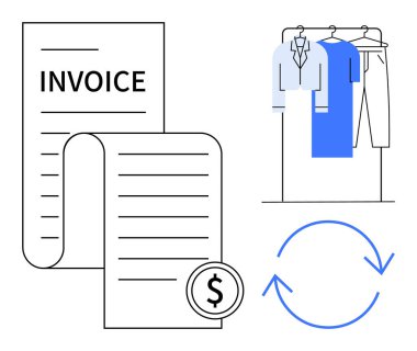 Invoice document with dollar sign and hanging clothes symbolizing laundry or retail. Circle arrow representing payment cycling. Ideal for business, finance, retail, clothing industry, accounting clipart