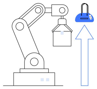 Bir alışveriş torbasını yukarı doğru ok ile kaldıran robotik kol. Teknoloji, otomasyon, endüstri, ilerleme, alışveriş, lojistik ve modern gelişmeler için ideal. Satır metaforu