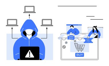 Uyarı ikonu, üç dizüstü bilgisayara ok ve online alışveriş unsurları olan kapüşonlu bir bilgisayar. Çevrimiçi güvenlik, hackleme, siber tehditler, e-ticaret, dolandırıcılığı önleme, bilişim güvenliği için ideal