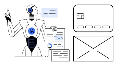 IA etiketli robot çizelgeleri ve grafikleri tutuyor, kredi kartı ve zarfı denetliyor. Yapay zeka, otomasyon, finans, iş, teknoloji, üretkenlik ve yönetim kavramları için idealdir. Satır metaforu