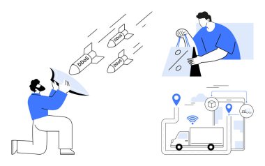DDoS saldırılarına karşı kalkan kullanan bir adam, alışveriş torbaları tutan biri ve GPS 'li bir kamyon. Siber güvenlik, e-ticaret, lojistik, dijital güvenlik, online alışveriş için ideal