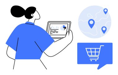 Tabletteki pazarlama analizlerini inceleyen bir kadın, yanında konum işaretleyicileri ve bir alışveriş arabası ikonu bulunan küresel bir harita ile birlikte. Pazarlama, veri analizi, e-ticaret, teknoloji ve iş için ideal