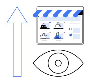 Ürün listeleri, büyük ok ve görünürlüğü temsil eden göz sembolü olan bir alışveriş sitesi. E-ticaret, dijital pazarlama, web analizleri, kullanıcı katılımı, çevrimiçi satışlar, piyasa araştırmaları için ideal
