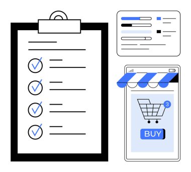 Satın alma düğmesi ve 3 bildirim içeren bir cep telefonu ekranında dijital alışveriş sepeti, panosunda kontrol işaretleri olan bir kontrol listesi ve bir analitik gösterge paneli. E-ticaret, üretkenlik ve görev için ideal
