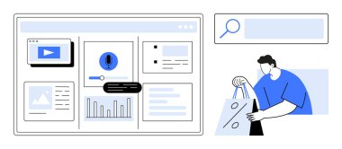 Çanta taşıyan bir insanla video, grafik, arama çubuğu ve alışveriş arayüzü gösteren bilgisayar ekranı. E-ticaret, çevrimiçi alışveriş, analitik, pazarlama, ticari kullanıcı etkileşimi için ideal