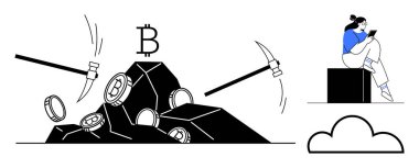 Bulutların yanında mobil bir cihaz kullanan ve kazmalarla vurulan Bitcoin paralarıyla taş yığınları kullanan biri. Kripto para birimi, engelleme zinciri, teknoloji, dijital finans, yatırım, madencilik, yenilik için ideal