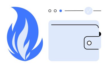 Cryptocurrency flame icon next to a digital wallet with a settings icon and checkmark. Ideal for finance, cryptocurrency, online payments, digital wallets, e-commerce, technology, security. Line clipart