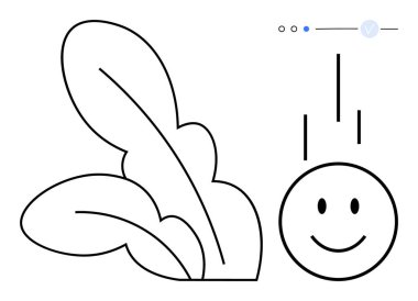 Büyük yapraklı bitkiler ve asgari geometrik şekiller arasında aşağı doğru yüzen gülen yüz. Mutluluk, büyüme, doğa, basitlik, duygular, pozitiflik, refah temaları için idealdir. Satır metaforu