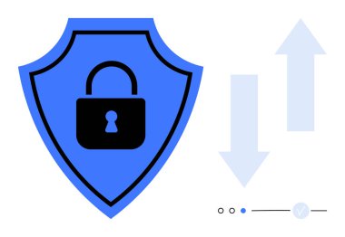 İçinde siyah kilit olan mavi bir kalkan yukarı ve aşağı bakan iki ok ve ilerleme göstergeleri. Siber güvenlik, veri koruması, İnternet güvenliği, çevrimiçi mahremiyet, güvenli işlemler, yazılım için ideal