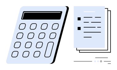 Yığılmış belgelerin yanında sayısal tuş takımı olan hesap makinesi. Muhasebe, finans, bütçe, iş, ofis işi, veri analizi ve eğitim için ideal. Satır metaforu