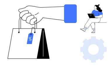 Yüzdelik etiketli el çantası dizüstü bilgisayar kullanan bir kadın ve altında vites sembolü olan bir çanta. E-ticaret, çevrimiçi alışveriş, indirimler, iş, teknoloji, pazarlama için ideal