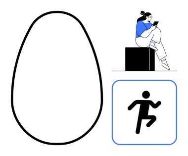 Woman on box reading tablet, large abstract egg-shaped outline, running figure icon. Ideal for digital content, reading, solitude, abstract art, physical activity simplicity modern design. Line clipart