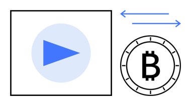 İki yönlü okları olan Bitcoin sembolünün yanındaki kare içinde oynat. Kripto para birimi, finans, döviz platformları, engelleme zinciri teknolojisi, dijital işlemler, video içeriği için ideal