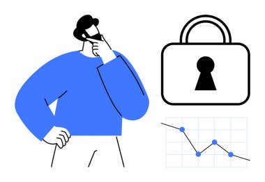 Adam çenesi üzerinde el ele düşünüyor, kilit sembolü güvenliği gösteriyor ve aşağı yönlü eğilimi gösteren bir çizelge. Siber güvenlik, risk yönetimi, iş stratejisi, mali analiz ve karar için ideal