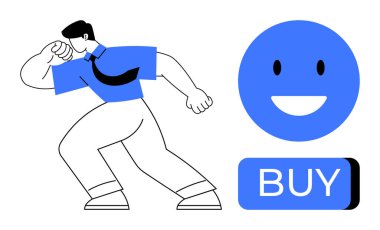 Adam zaferle poz veriyor, yanında gülen bir yüz ve öne çıkan bir buton var. E-ticaret, pazarlama, başarı, online alışveriş, tüketici davranışı, kutlama, tanıtım reklamları için ideal. Çizgi