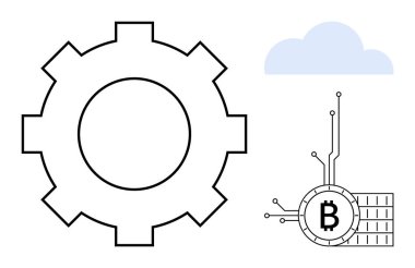 Bitcoin sembolünün yanında bir dişli simgesi bir ağın altında, bir bulutun altında. Teknoloji için ideal, kripto para birimi, bulut hesaplama, engelleme zinciri, ağ altyapısı. Çizgi sanatı, minimalist, modern