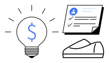 Yenilikçi fikirleri simgeleyen dolar işaretli ampul, görev ve hedefleri temsil eden kontrol listesi ve hareketi veya ilerlemeyi simgeleyen ayakkabı ikonu. İş stratejisi, hedef belirleme ve üretkenlik için ideal