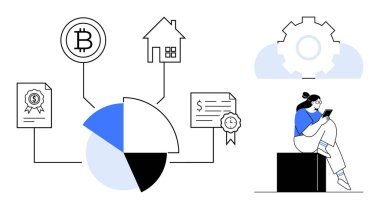 Tablet üzerindeki verileri analiz eden kişi Bitcoin, ev ve sertifikalarla bağlantılı. Finans, emlak, kripto yatırımları, veri analizi, iş stratejisi, eğitim için ideal