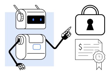 Robot asma kilidi ve onaylanmış belgeyi gösteriyor. Siber güvenlik, veri koruması, teknoloji eğitimi, çevrimiçi güvenlik, dijital sözleşmeler, yapay zeka entegrasyonu, güvenli işlemler için ideal. Satır metaforu