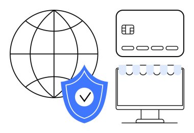 Küresel ağ şebekesi, kredi kartı, işaretli mavi kalkan ve bilgisayar monitörü. Çevrimiçi güvenlik, e-ticaret, ödeme güvenliği, siber güvenlik, dijital işlemler için ideal küresel iş