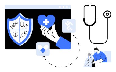 Kalkanda tıbbi semboller, haçlı el ele tutuşan kalp, sağlık ikonu, steteskop, dizüstü bilgisayarda çalışan adam. Çevrimiçi sağlık, tıbbi teknoloji, dijital sağlık, teletıp sağlığı için ideal