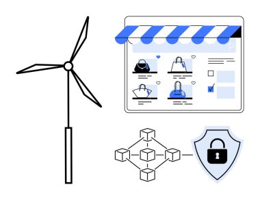 Rüzgar türbini, ürünlerle çevrimiçi alışveriş arayüzü, birbirine bağlı engelleme düğümleri ve kilitli kalkan simgesi. Yeşil teknoloji, e-ticaret, siber güvenlik, engelleme zinciri, yenilenebilir enerji için ideal