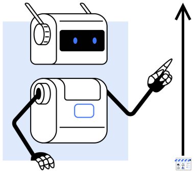 Cute robot with antenna pointing upward, suggesting progress and innovation. Ideal for tech, education, automation, AI, robotics, futuristic themes and digital advancements. Line metaphor clipart