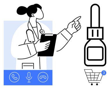 Online danışma sırasında doktor elinde panoyla işaret etti. Reçeteli şişe, alışveriş arabası ikonu ve 3 tebligat. TeleHealth için ideal, uzaktan tanı, e-reçete, sanal