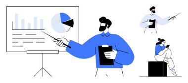 İş ekibi üyeleri çizelge ve grafikleri beyaz tahtada sunup tartışıyor. Sunumlar, iş toplantıları, proje planlaması, veri analizi, takım çalışması, kurumsal eğitim için ideal