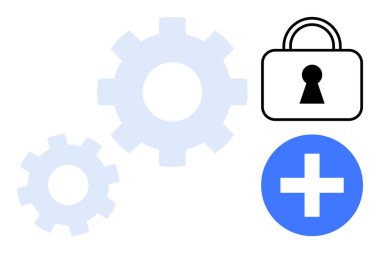 Çarklar, asma kilit ve artı tabela güvenlik, verimlilik ve ilerleme temaları. Teknoloji, mühendislik, siber güvenlik, sağlık hizmetleri bilişim mekanik süreçleri, teknik iyileştirmeler için ideal