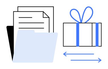 Mavi kurdeleli bir hediyenin yanında dokümanların olduğu klasör, değiş tokuşu gösteren oklar. Ticari işlemler için ideal, hediye değişimi, dosya paylaşımı, belgeler, kurumsal hediyeler, ofis